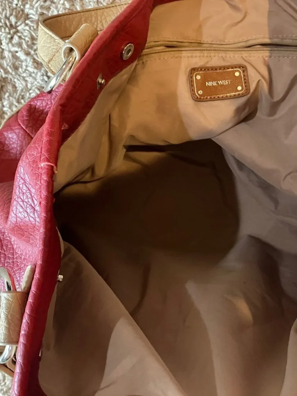 Nine West Red Tan Oversized Tote Shoulder Bag Faux Leather Y2K Colorblock